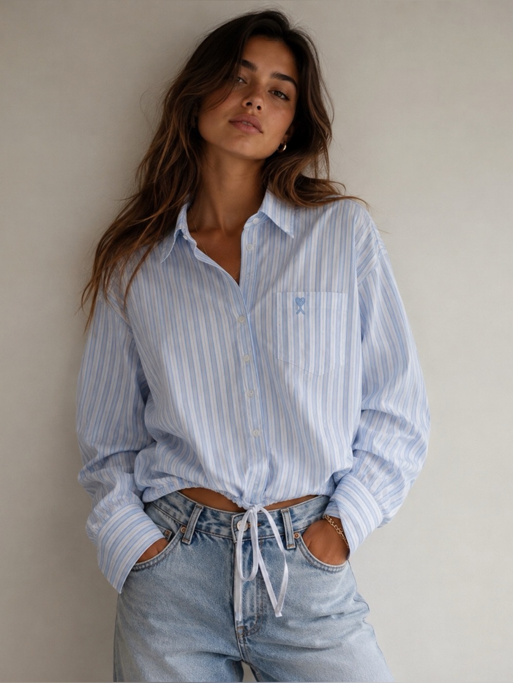 AMI Paris Ami de Coeur Striped Embroidered Heart Logo Drawstring Buttondown Top